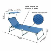 GARTHEN zahradní skládací lehátko se stříškou XXL modrá