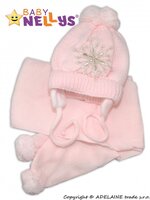 BABY NELLYS zimní čepička s šálou SNĚHOVÁ VLOČKA růžová vel. 62