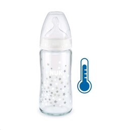NUK skleněná kojenecká láhev FC s kontrolou teploty 240 ml bílá